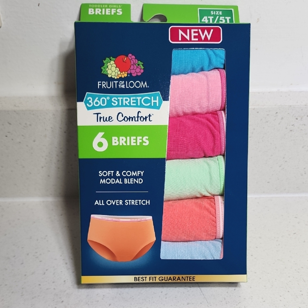 Girl's 4T/5T Fruit of the Loom 360° Stretch Briefs 6Pk Blue, Pink, Orange, Green